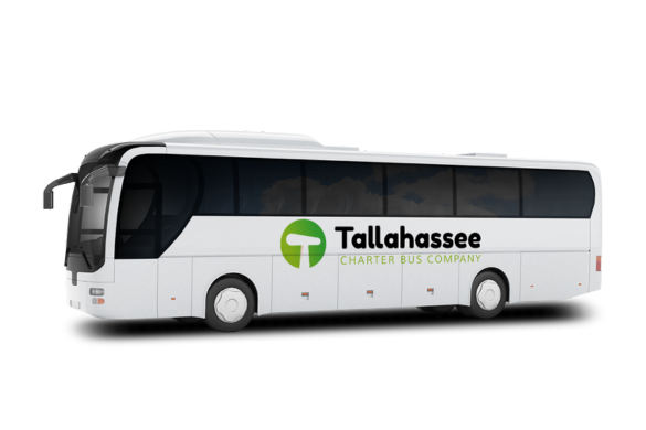 a plain white charter bus with a tallahassee charter bus company logo on it