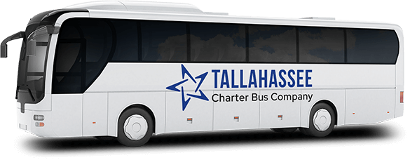 a plain white charter bus with a tallahassee logo on it